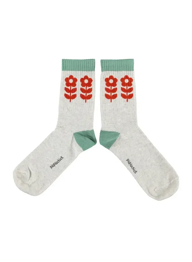 Piupiuchick - Socks light grey red flowers
