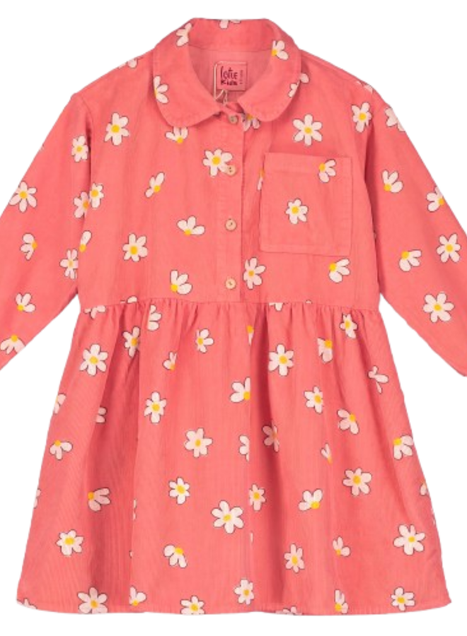 Lötiekids - Corduroy buttoned dress Coral Daisies