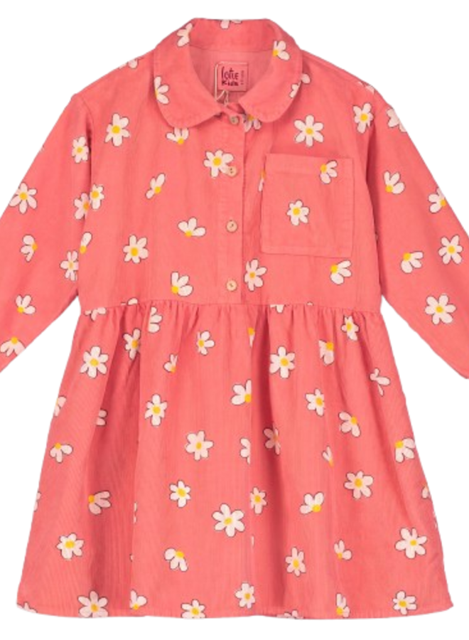 Lötiekids - Corduroy buttoned dress Coral Daisies