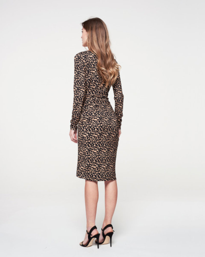 FREEBIRD Kelly leopard long sleeve leopard jersey midi dress brown