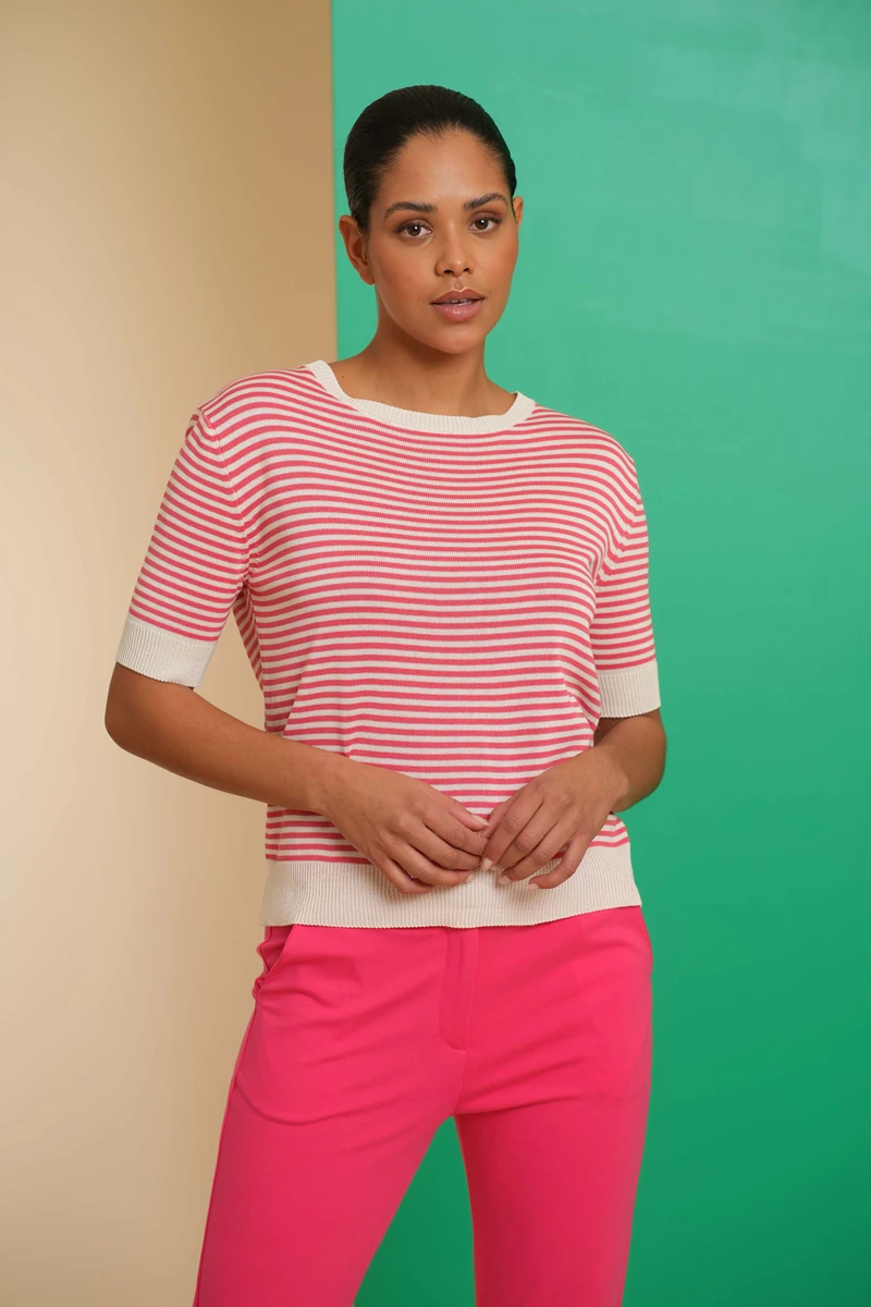 GEISHA 44061-70 Pullover strip short sleeve off-white/raspberry