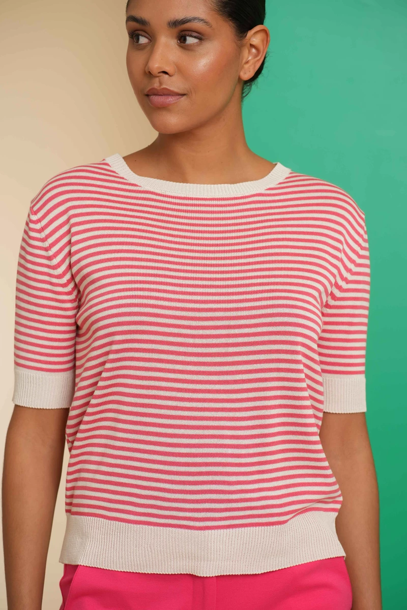 GEISHA 44061-70 Pullover strip short sleeve off-white/raspberry