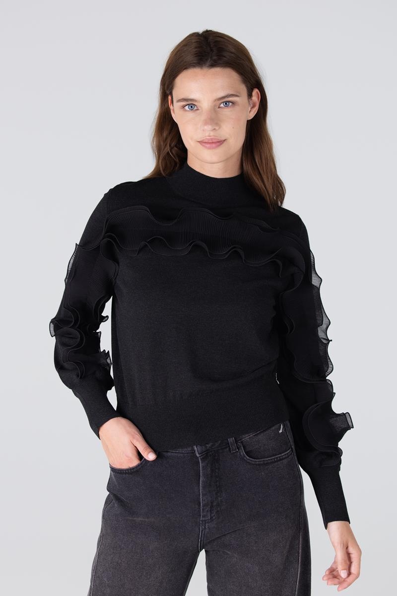JANSEN AMSTERDAM barbara trui long sleeve plisse ruffles antraciet