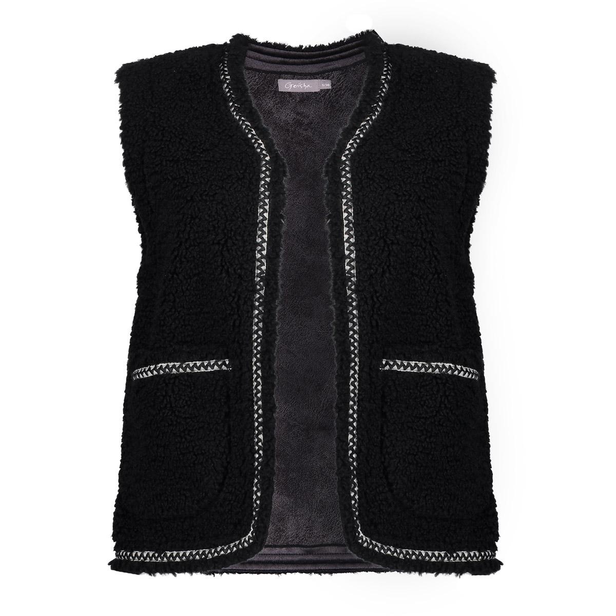 GEISHA Gilet teddy embroidery black/tape black zigzag