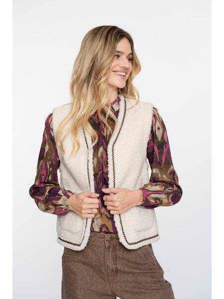 GEISHA Gilet teddy embroidery off-white/tape dark brown zigzag