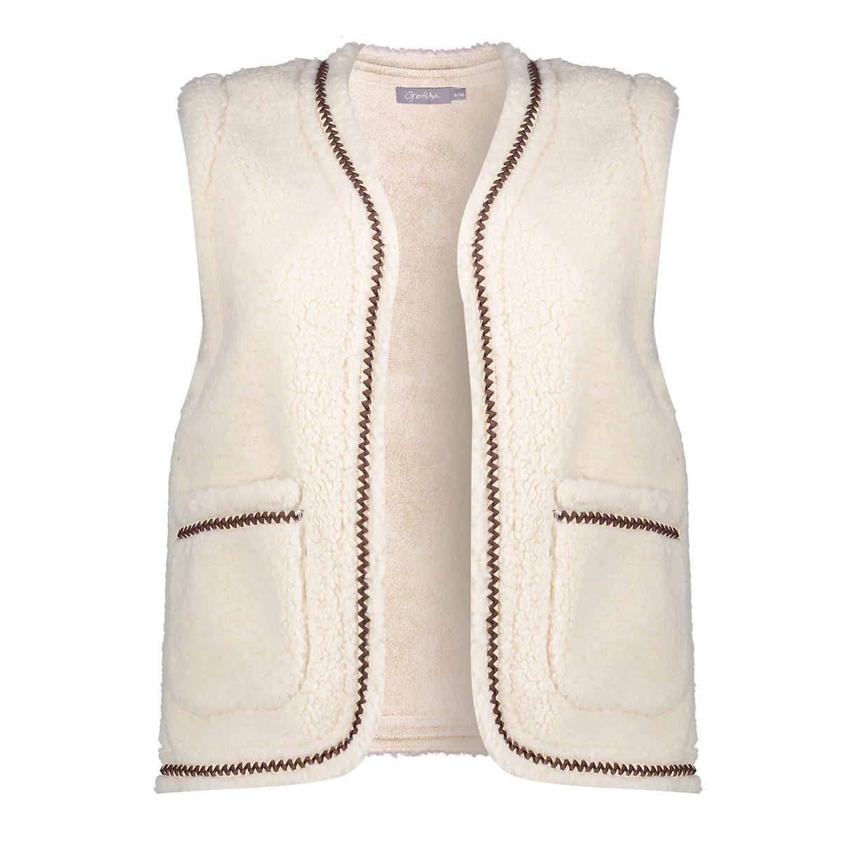 GEISHA  Gilet teddy embroidery off-white/tape dark brown zigzag
