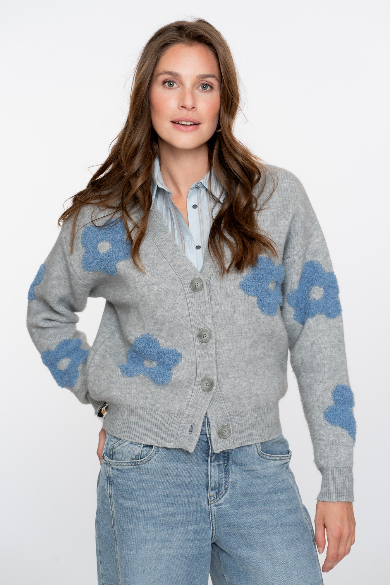 GEISHA  Vest flowers grey melange/blue