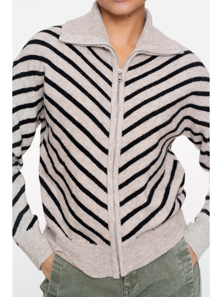 GEISHA Cardigan zip striped black/sand