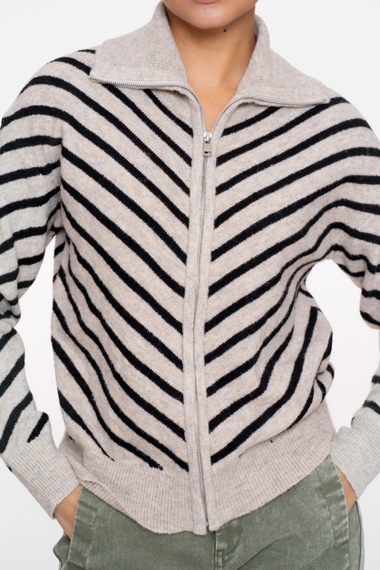 GEISHA  Cardigan zip striped black/sand