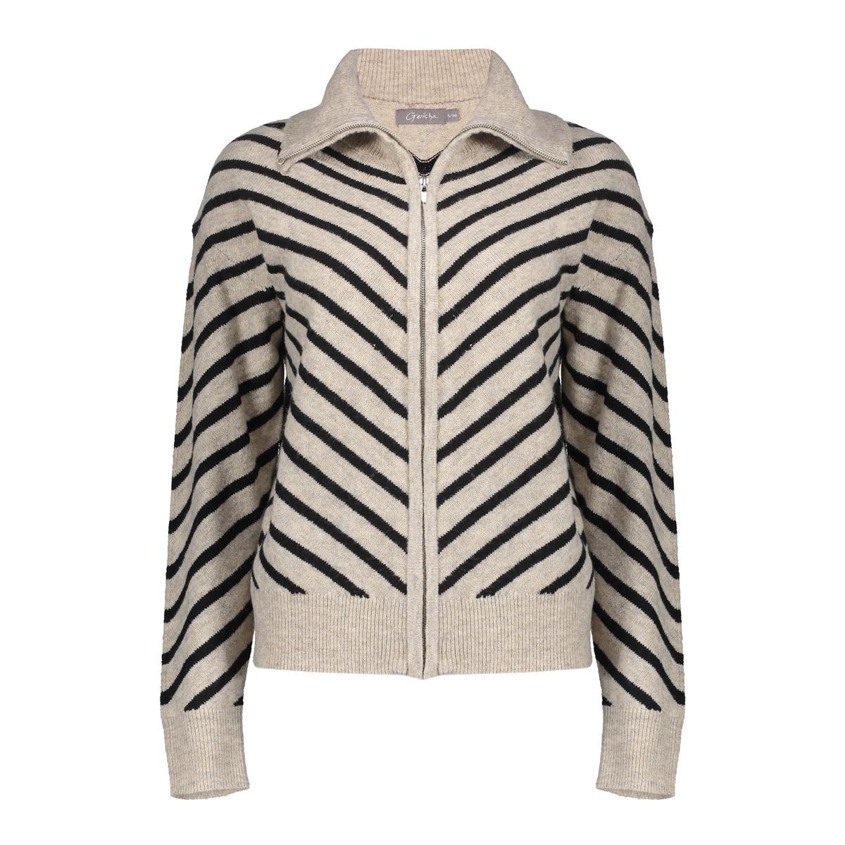 GEISHA  Cardigan zip striped black/sand
