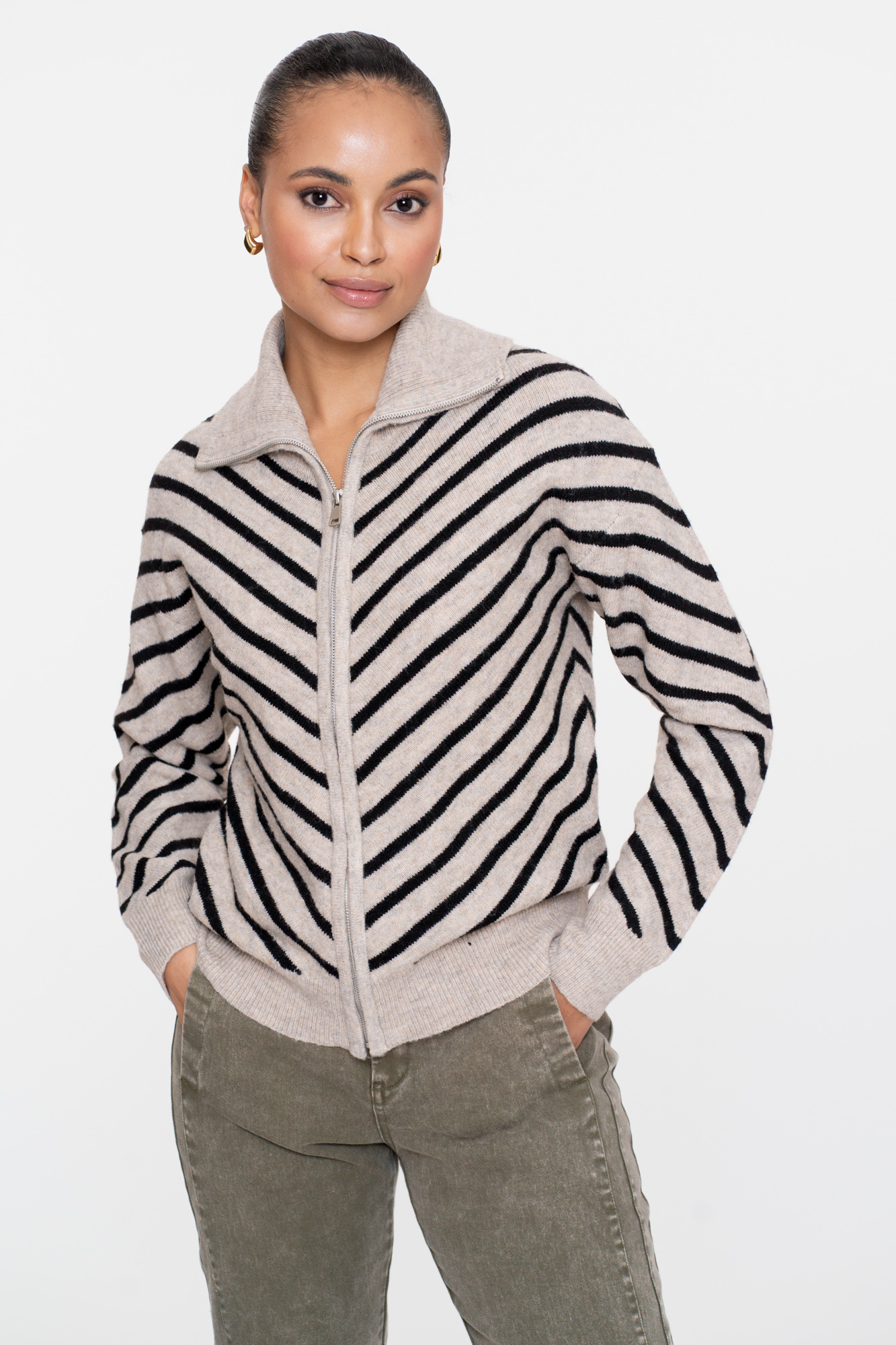 GEISHA  Cardigan zip striped black/sand