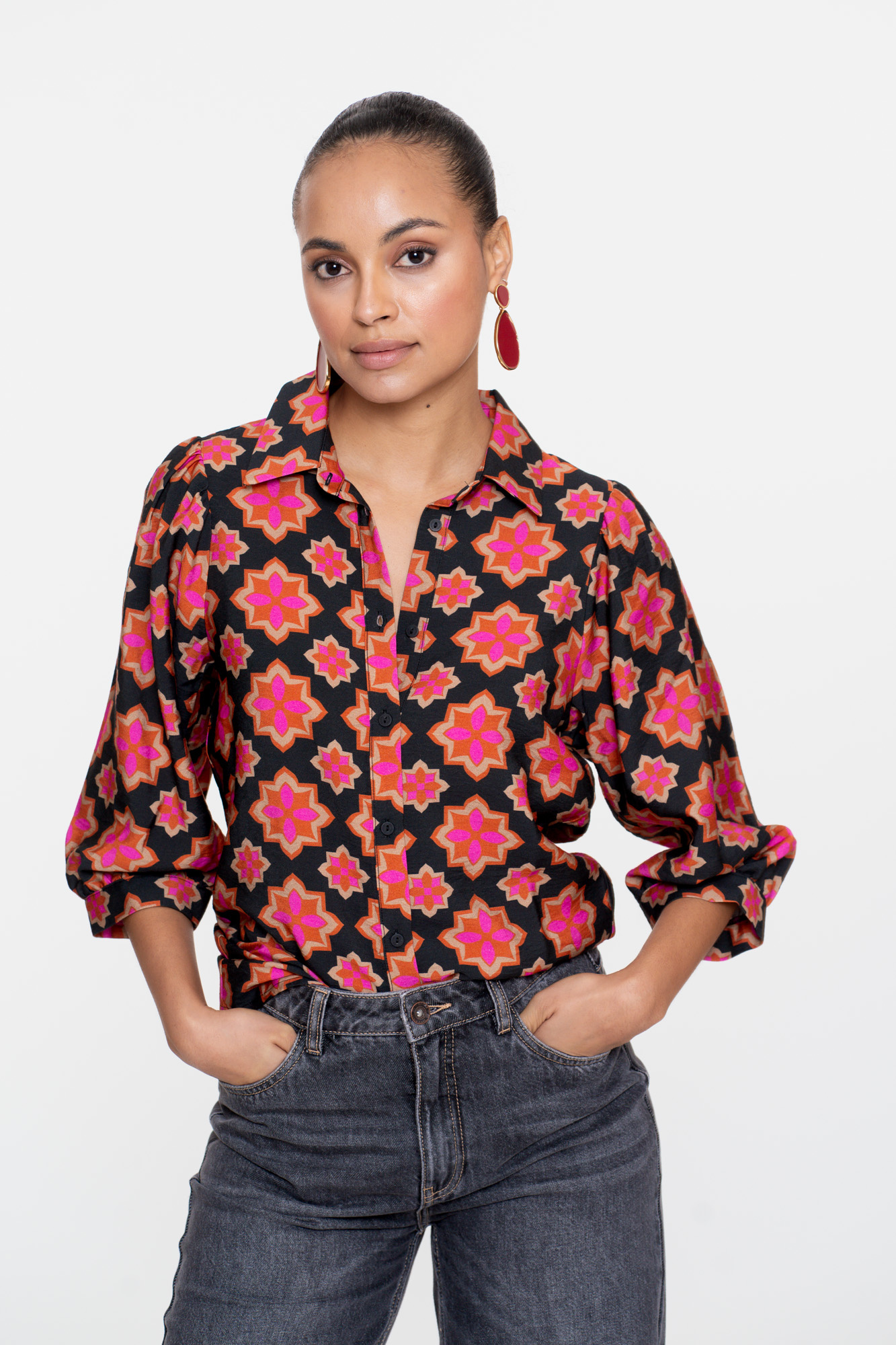 GEISHA Blouse print star black/pink