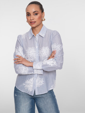 GEISHA Blouse embroidered flowers blue/off-white