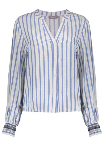 GEISHA Blouse striped embroiderd cuffs off-white/blue