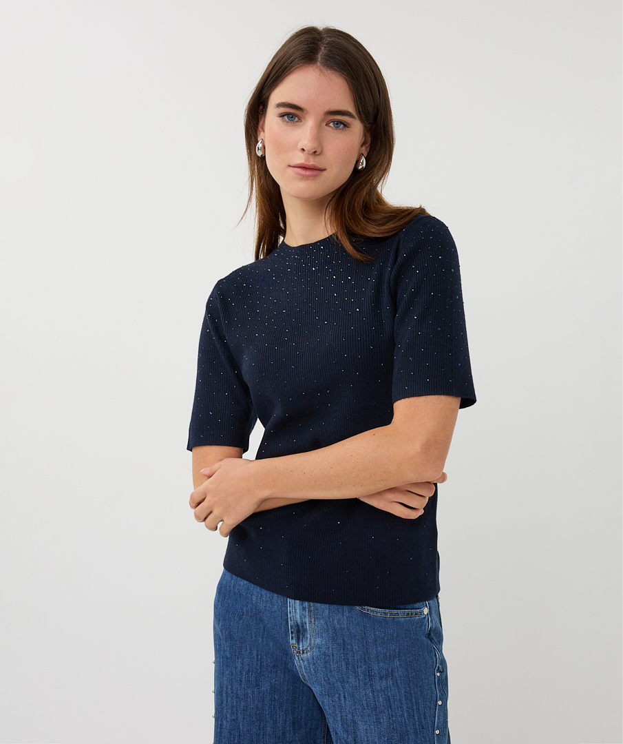Esqualo  Top rib s/slve sequins navy
