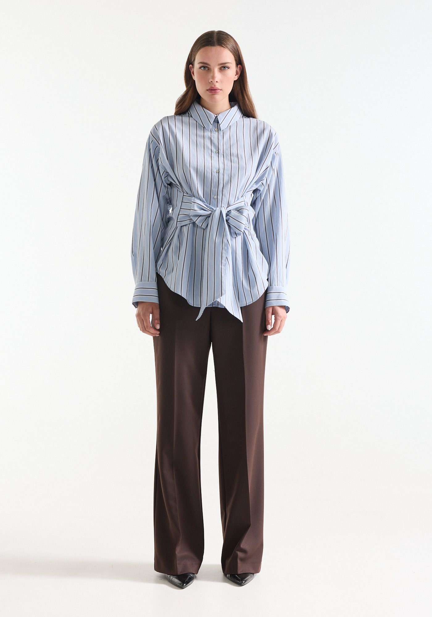 Jansen Amsterdam Livia blouse stripe belt in waist classic collar light blue - dark brown