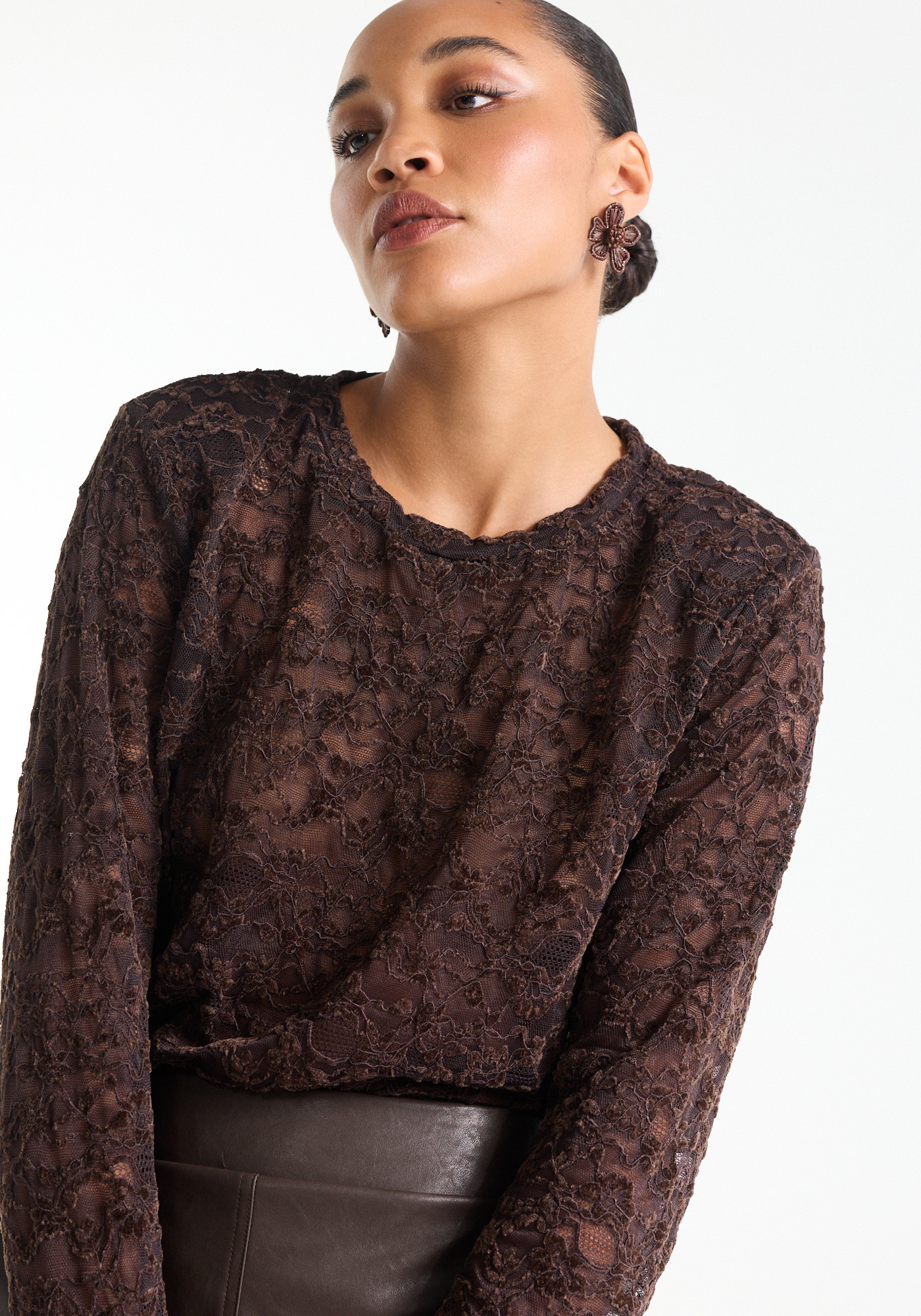 Jansen Amsterdam Kiki top lace shoulderpad long sleeve dark brown