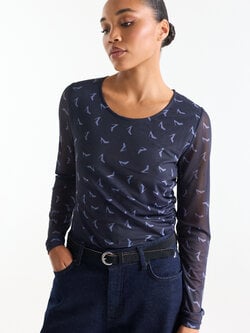 Jansen Amsterdam Jenny top mesh heel print around neck gattering waist dark blue - shadow blue