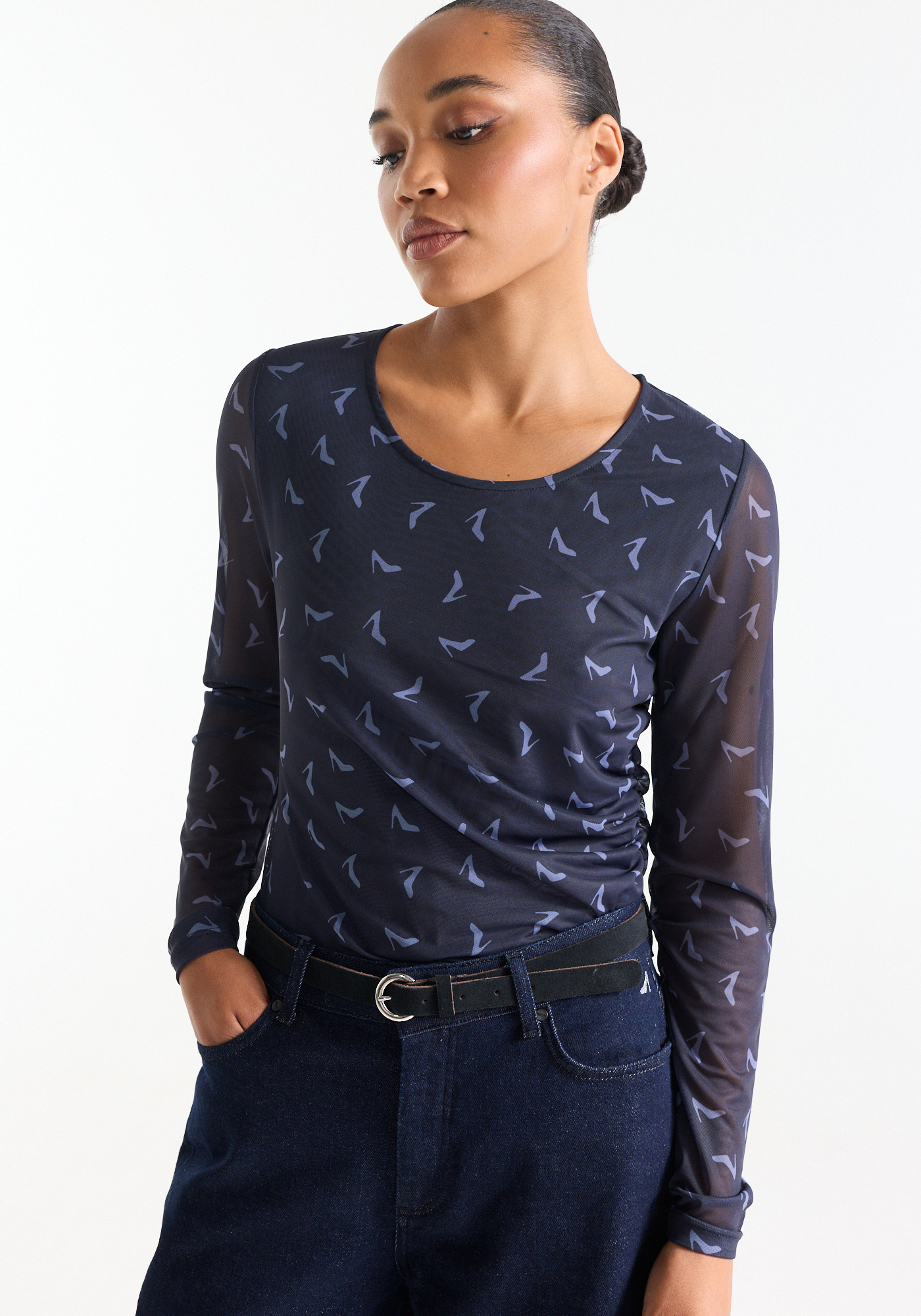 Jansen Amsterdam Jenny top mesh heel print around neck gattering waist dark blue - shadow blue