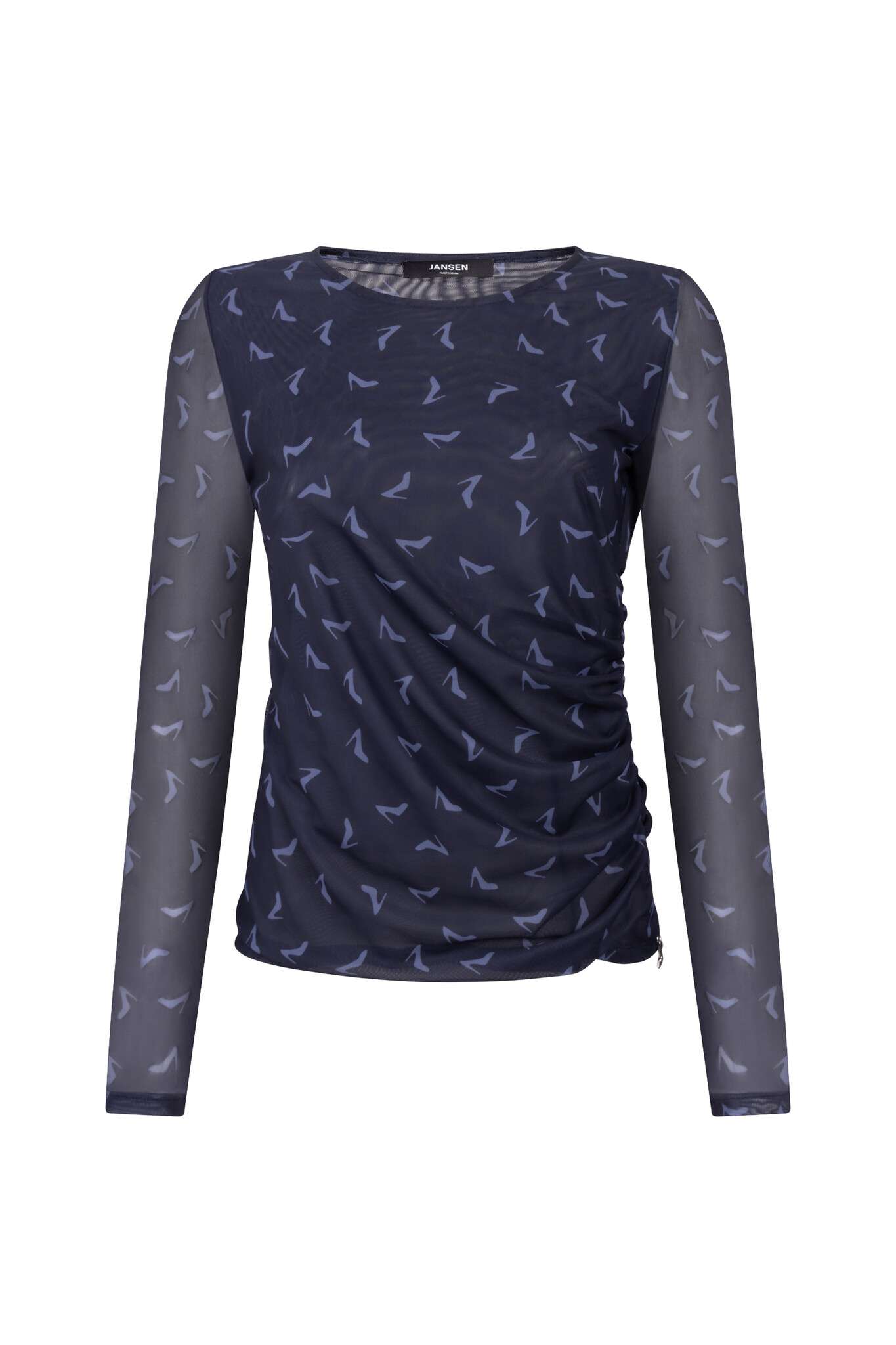 Jansen Amsterdam Jenny top mesh heel print around neck gattering waist dark blue - shadow blue