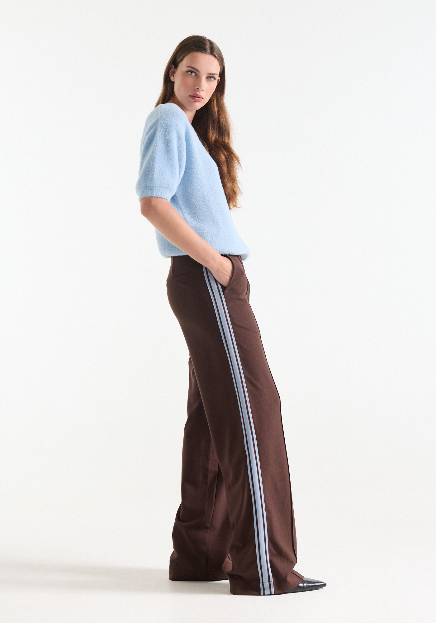 Jansen Amsterdam Aleidou broek pied de poule wide leg tape at side multi wine