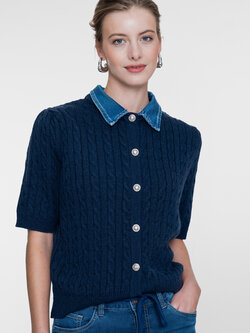 Geisha Kabelvest met denimkraag navy