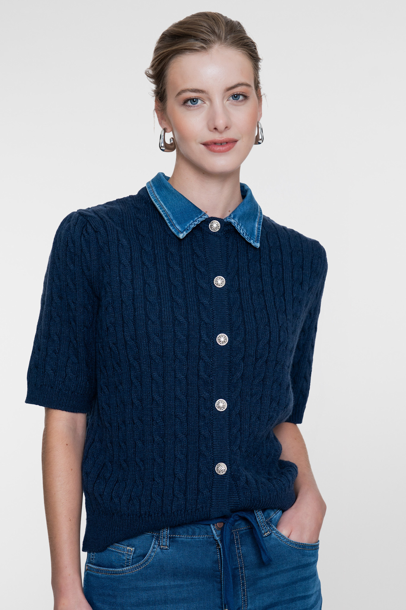 Geisha Kabelvest met denimkraag navy