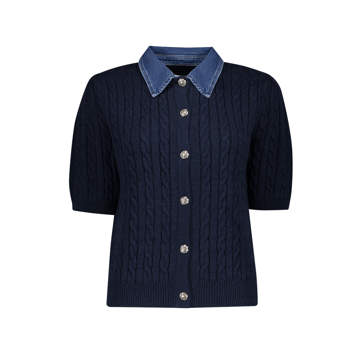 Geisha Kabelvest met denimkraag navy