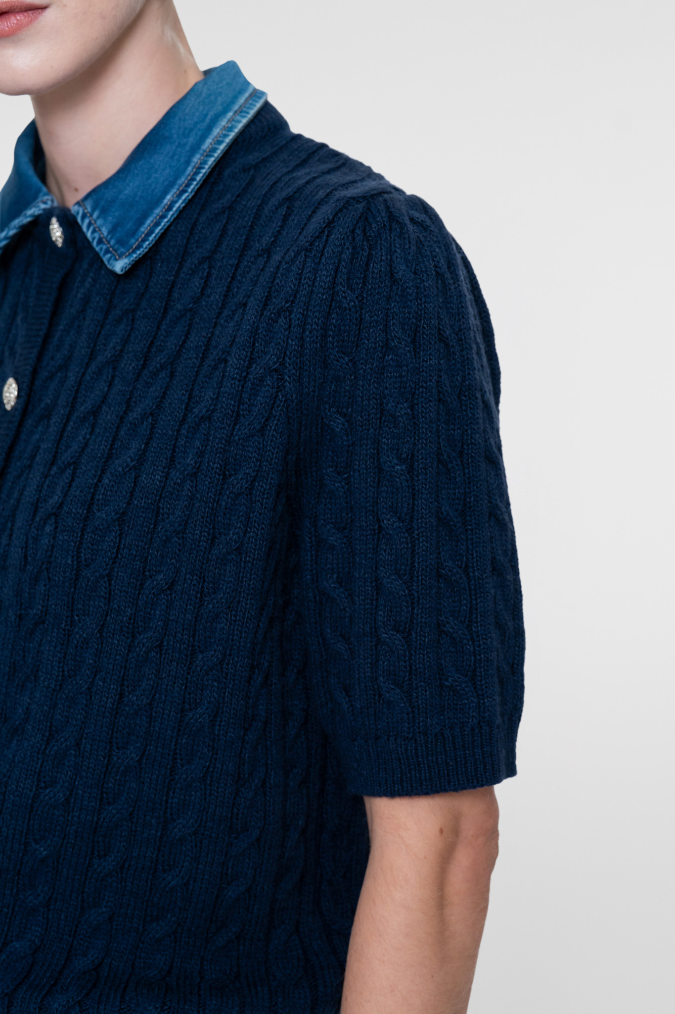 Geisha Kabelvest met denimkraag navy