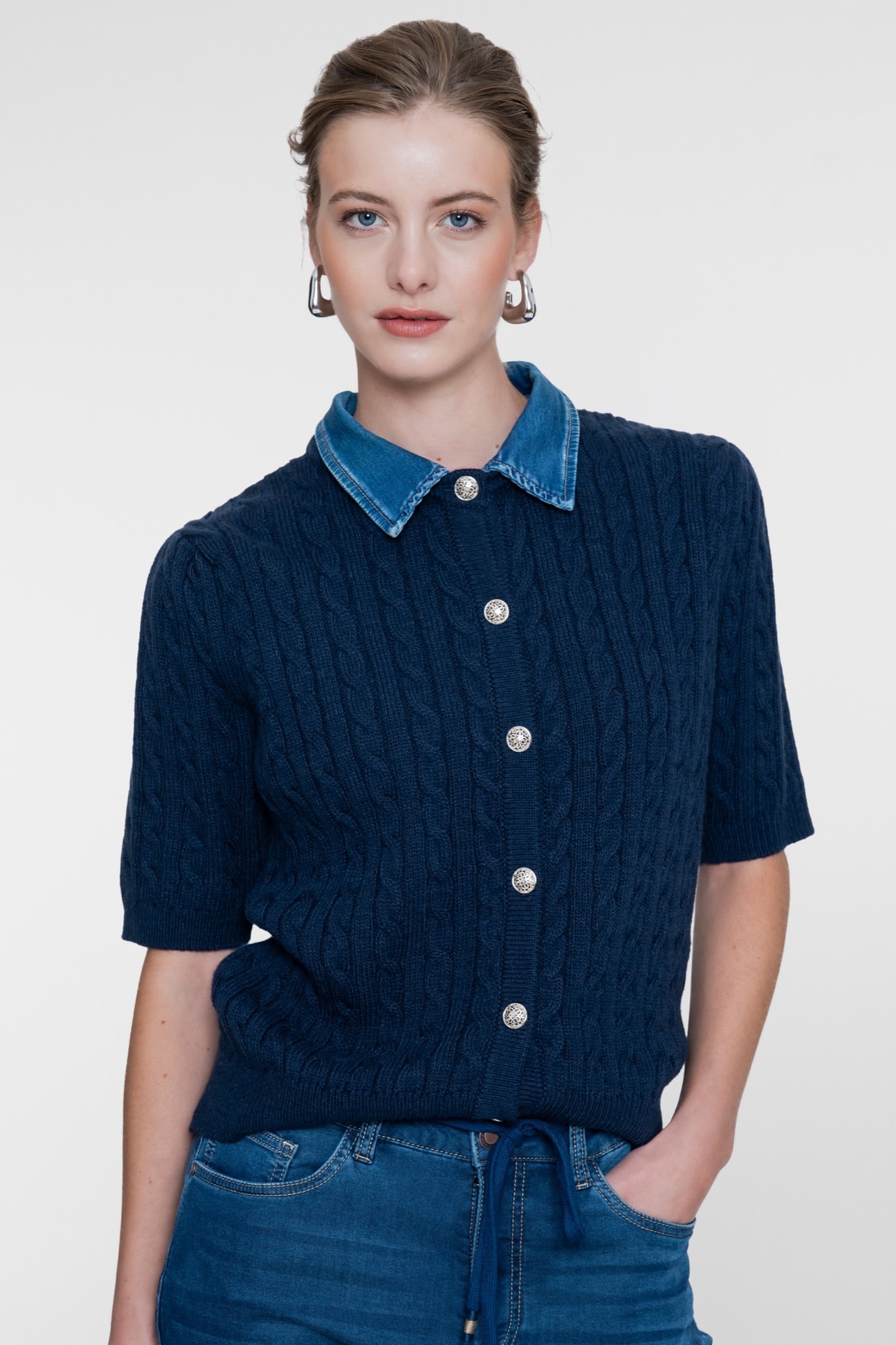 Geisha Kabelvest met denimkraag navy