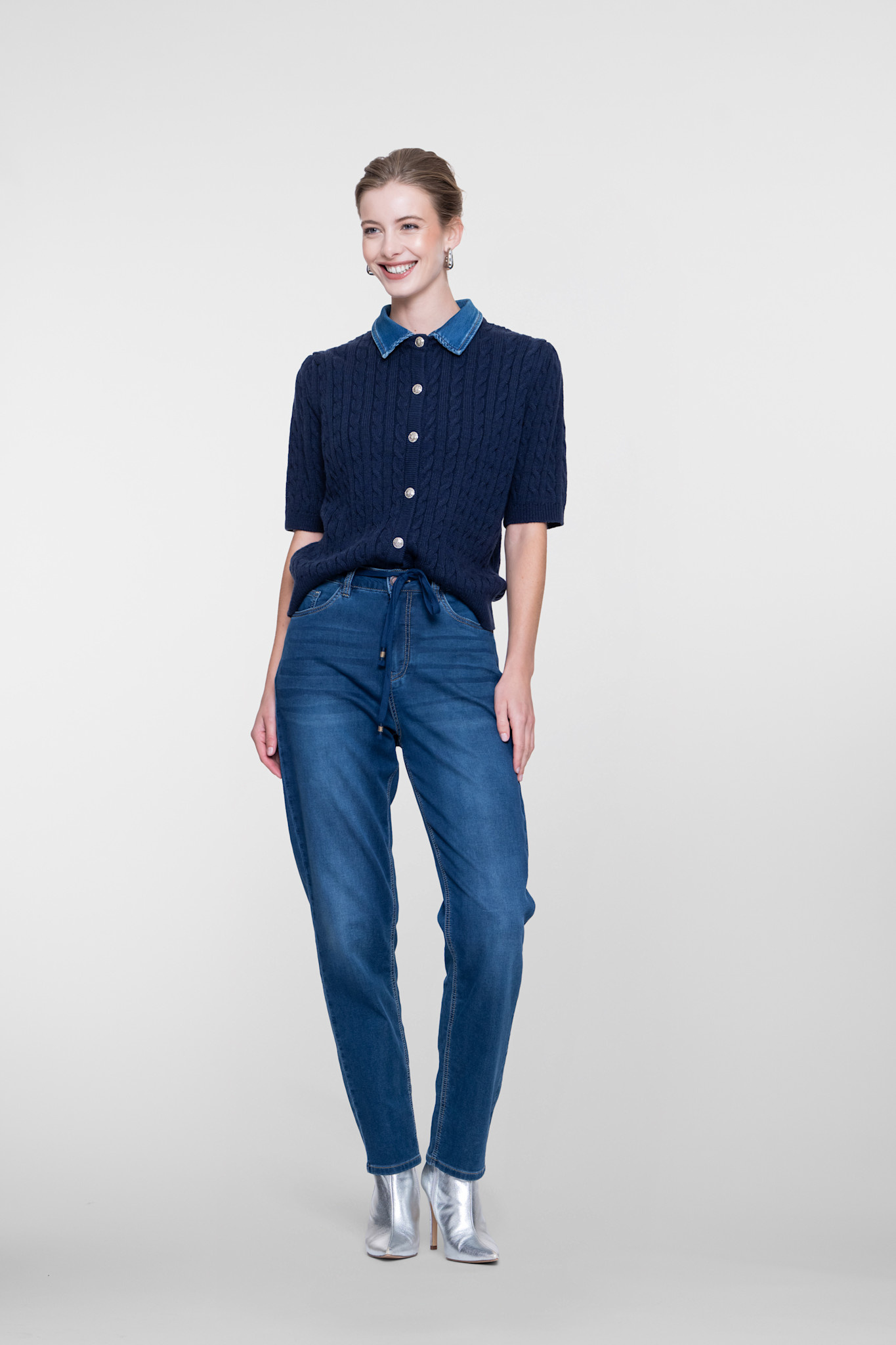 Geisha Kabelvest met denimkraag navy