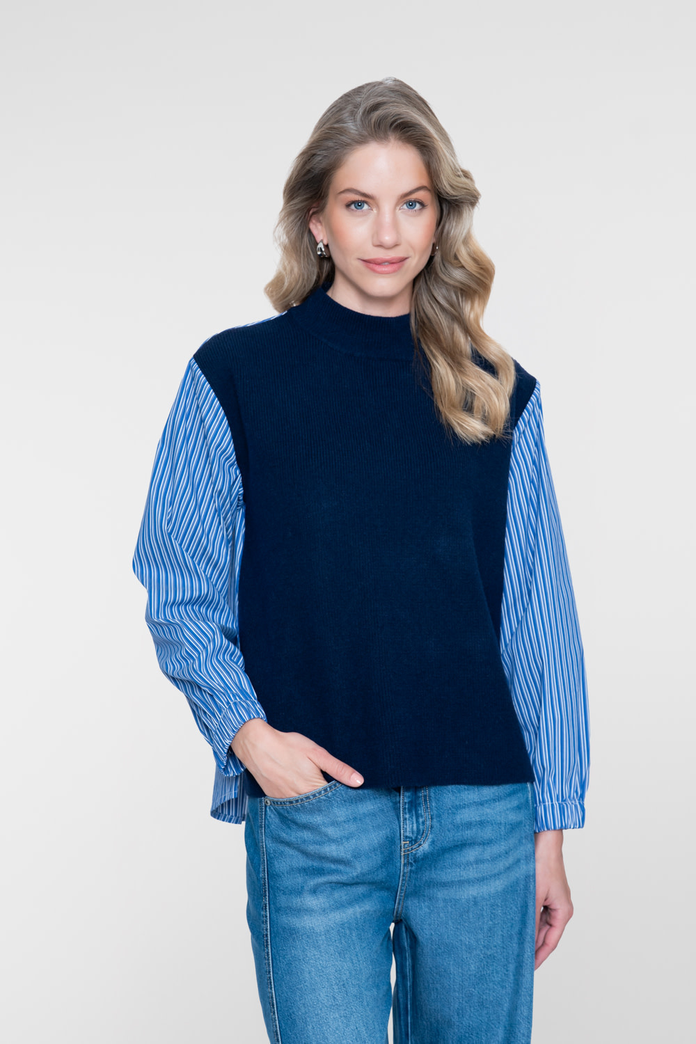 Geisha Pullover met gestreepte mouwen navy