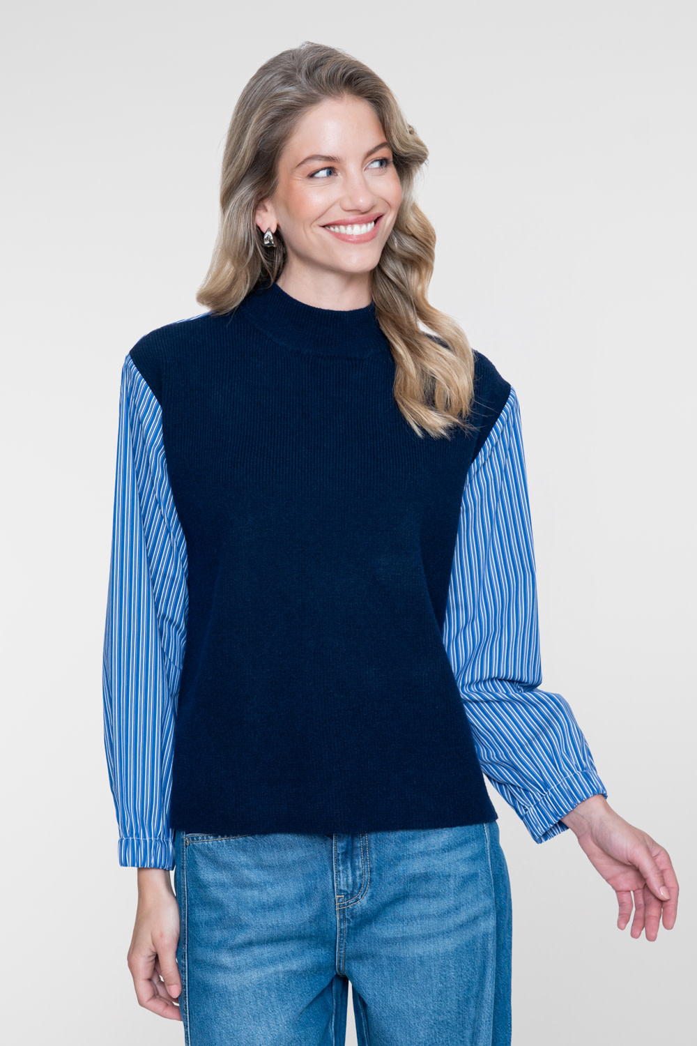 Geisha Pullover met gestreepte mouwen navy