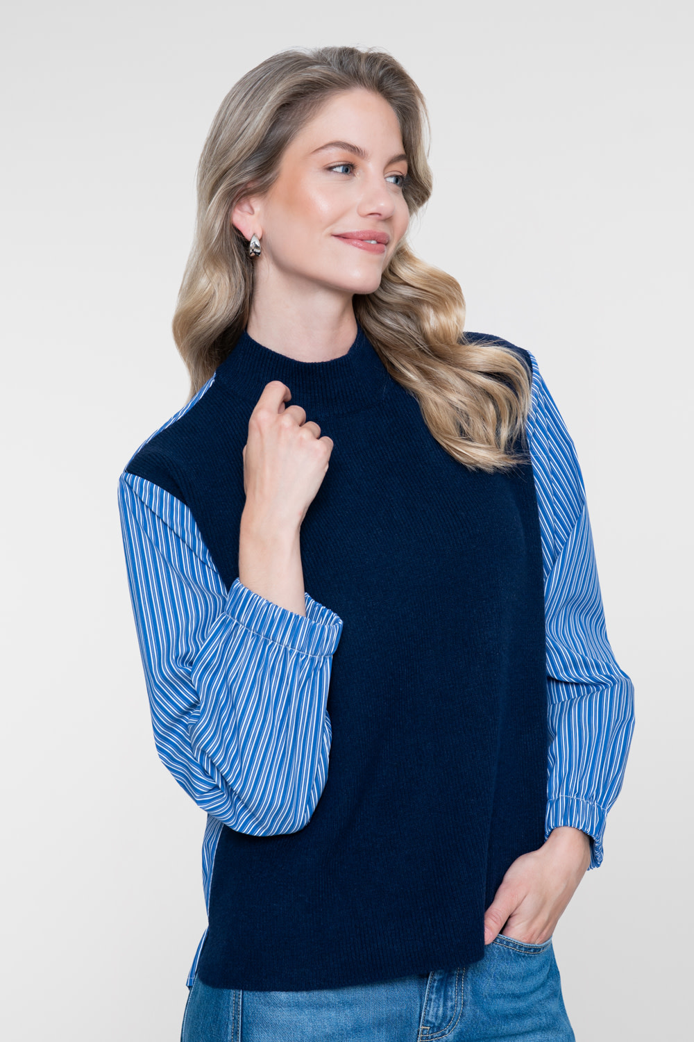 Geisha Pullover met gestreepte mouwen navy