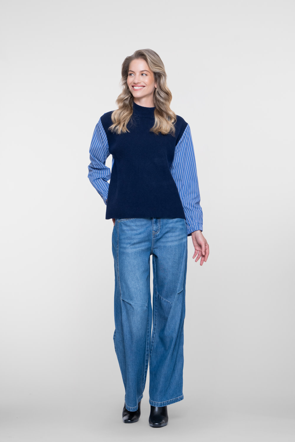 Geisha Pullover met gestreepte mouwen navy