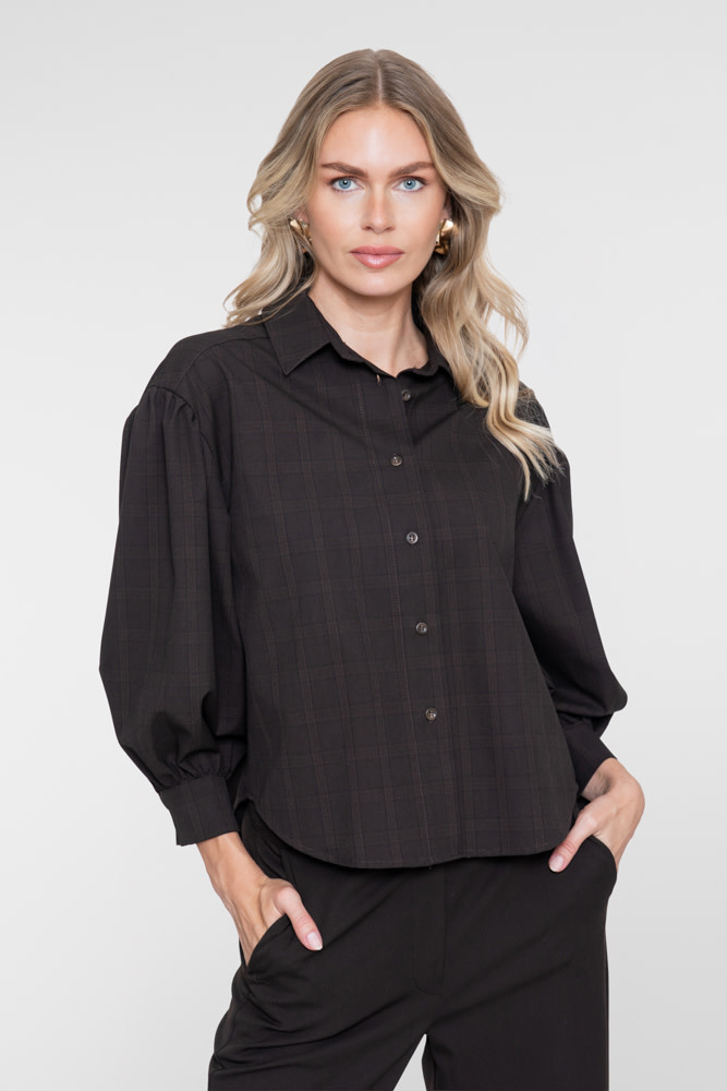 Geisha Blouse met fijne ruit en ballonmouwen bruin