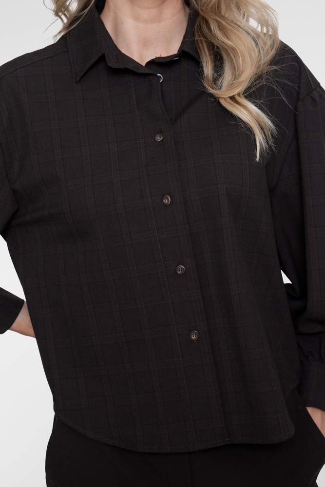 Geisha Blouse met fijne ruit en ballonmouwen bruin