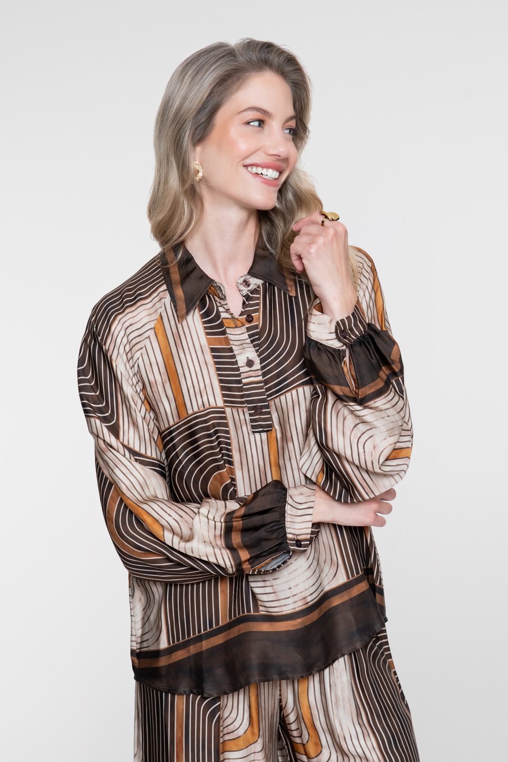 Geisha Blouse met grafische print bruin/zand