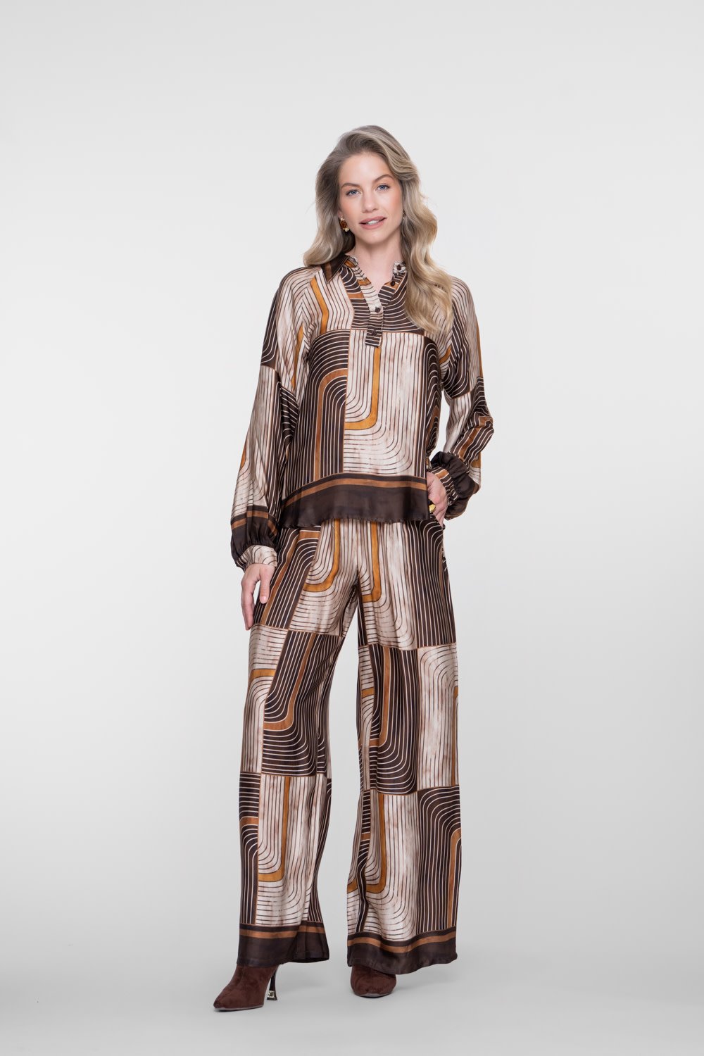 Geisha Blouse met grafische print bruin/zand