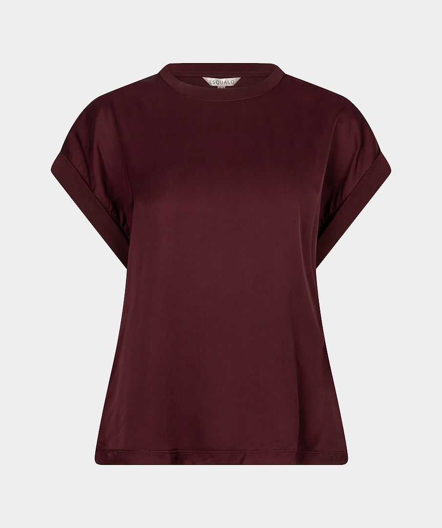 Esqualo T-shirt met omslagmouw en satijn merlot