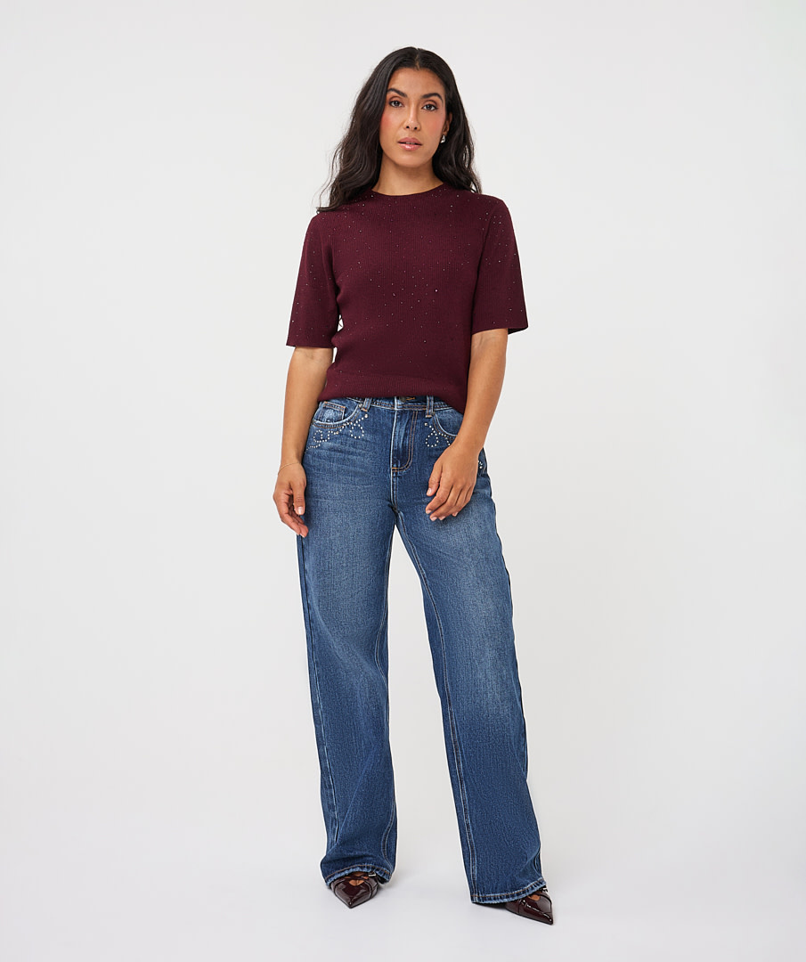 Esqualo Trui met korte mouw en studs merlot