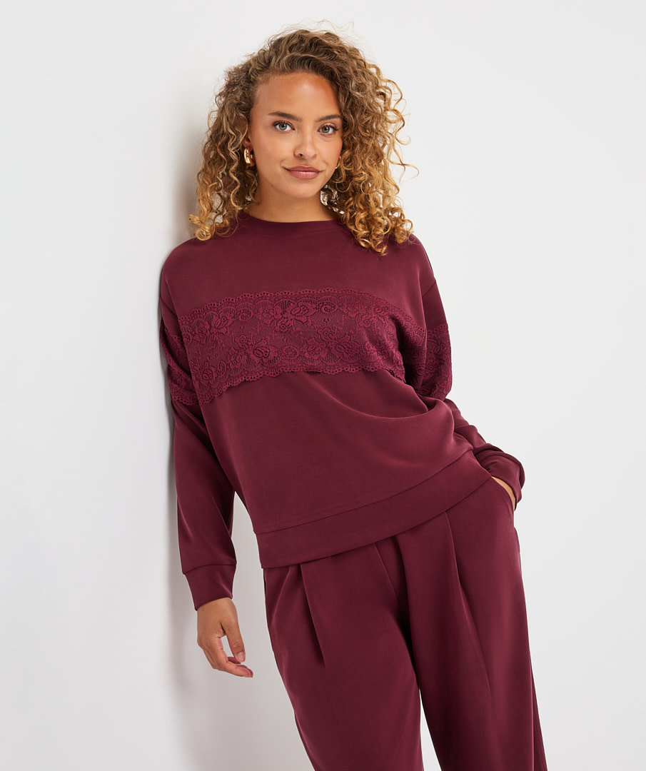 Esqualo Sweater met kant merlot