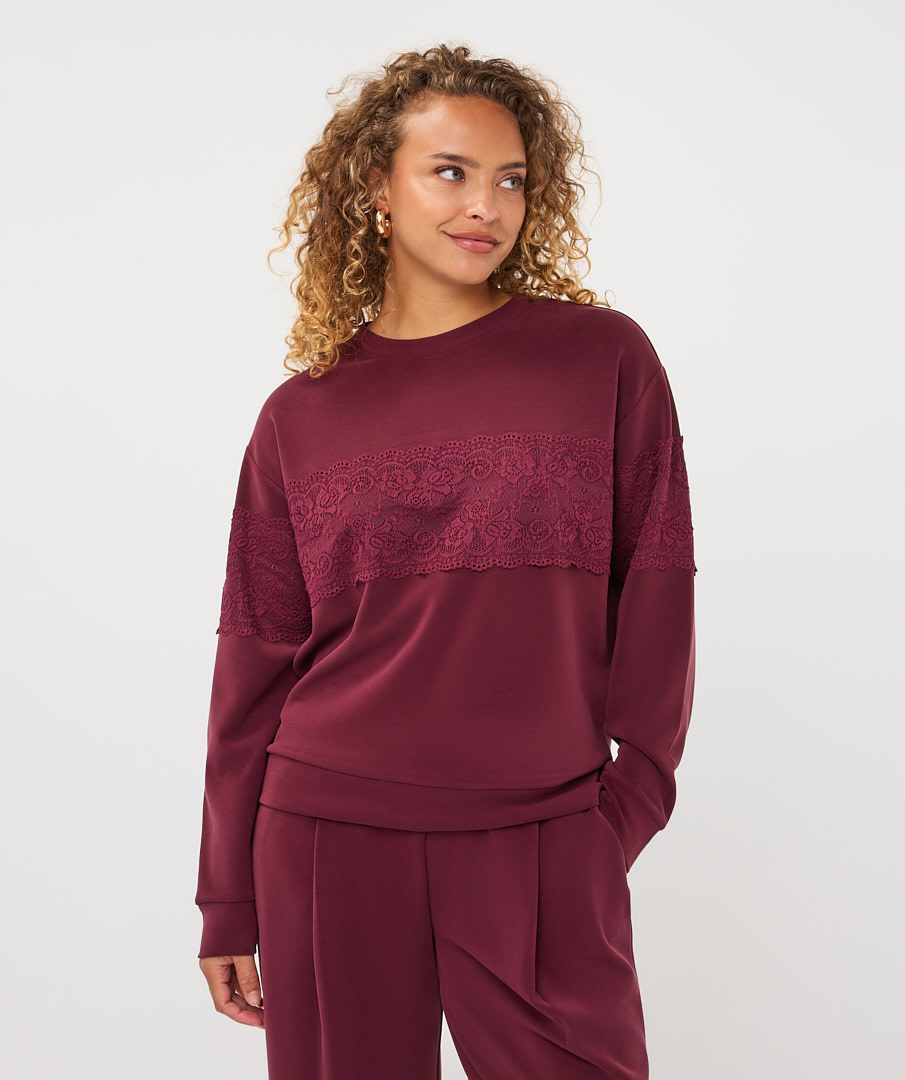 Esqualo Sweater met kant merlot