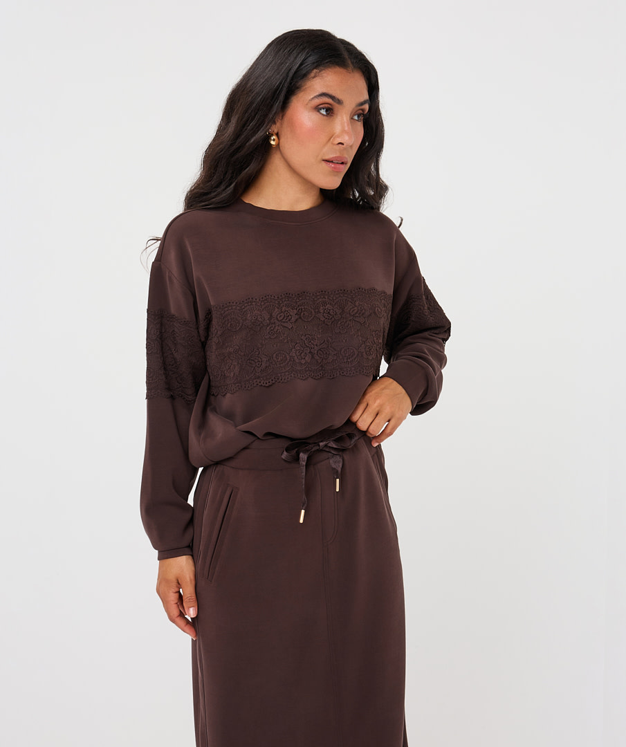 Esqualo Sweater met kant cacao