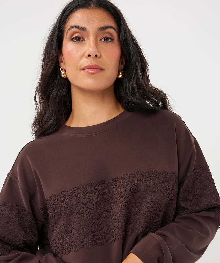 Esqualo Sweater met kant cacao