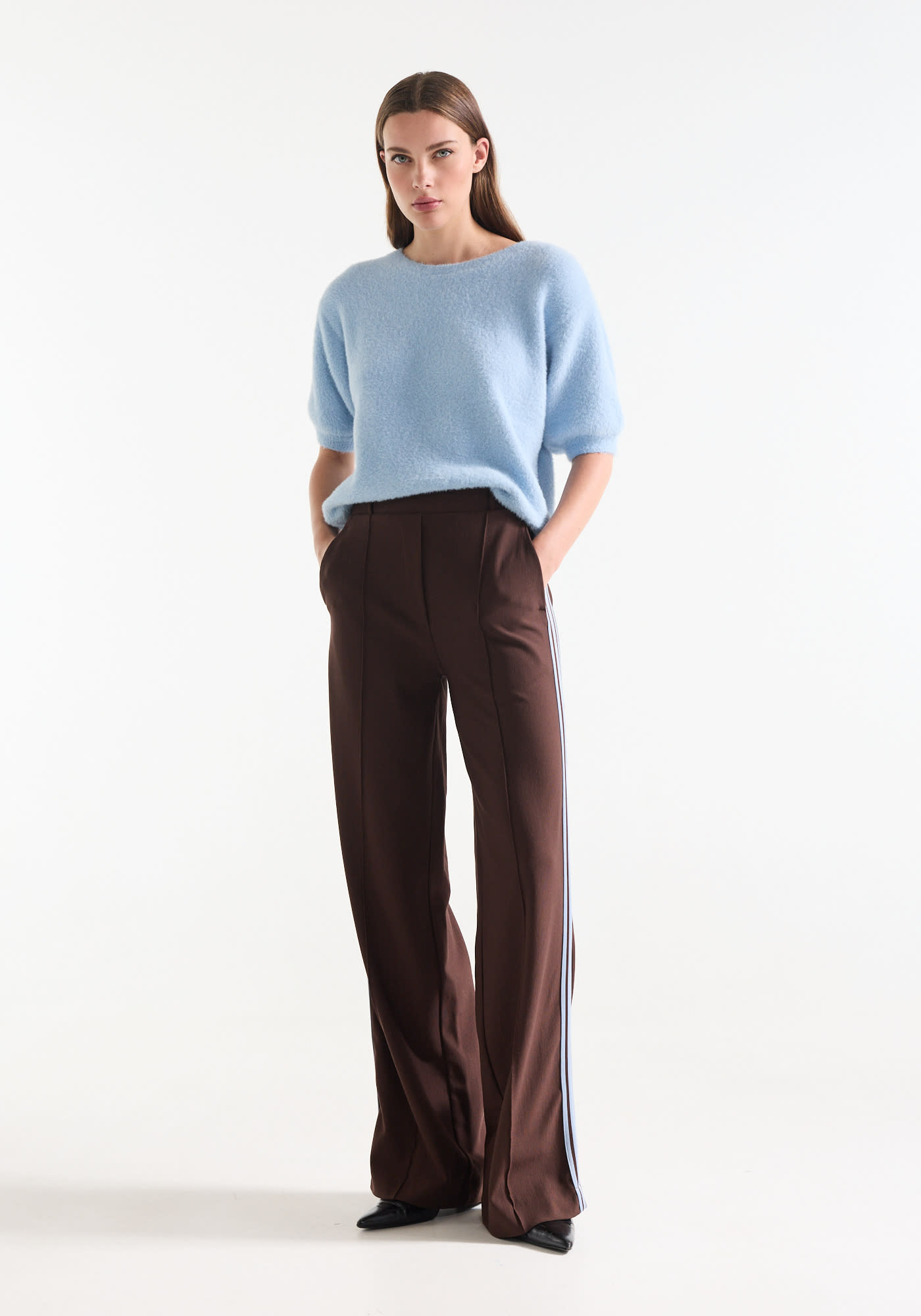 Jansen Amsterdam Aleidas wide leg broek met streep donkerbruin