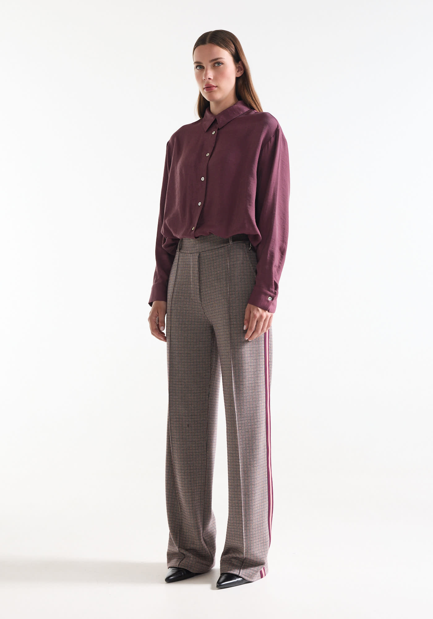 Jansen Amsterdam Aleidou wide leg broek pied-de-poule wijnrood