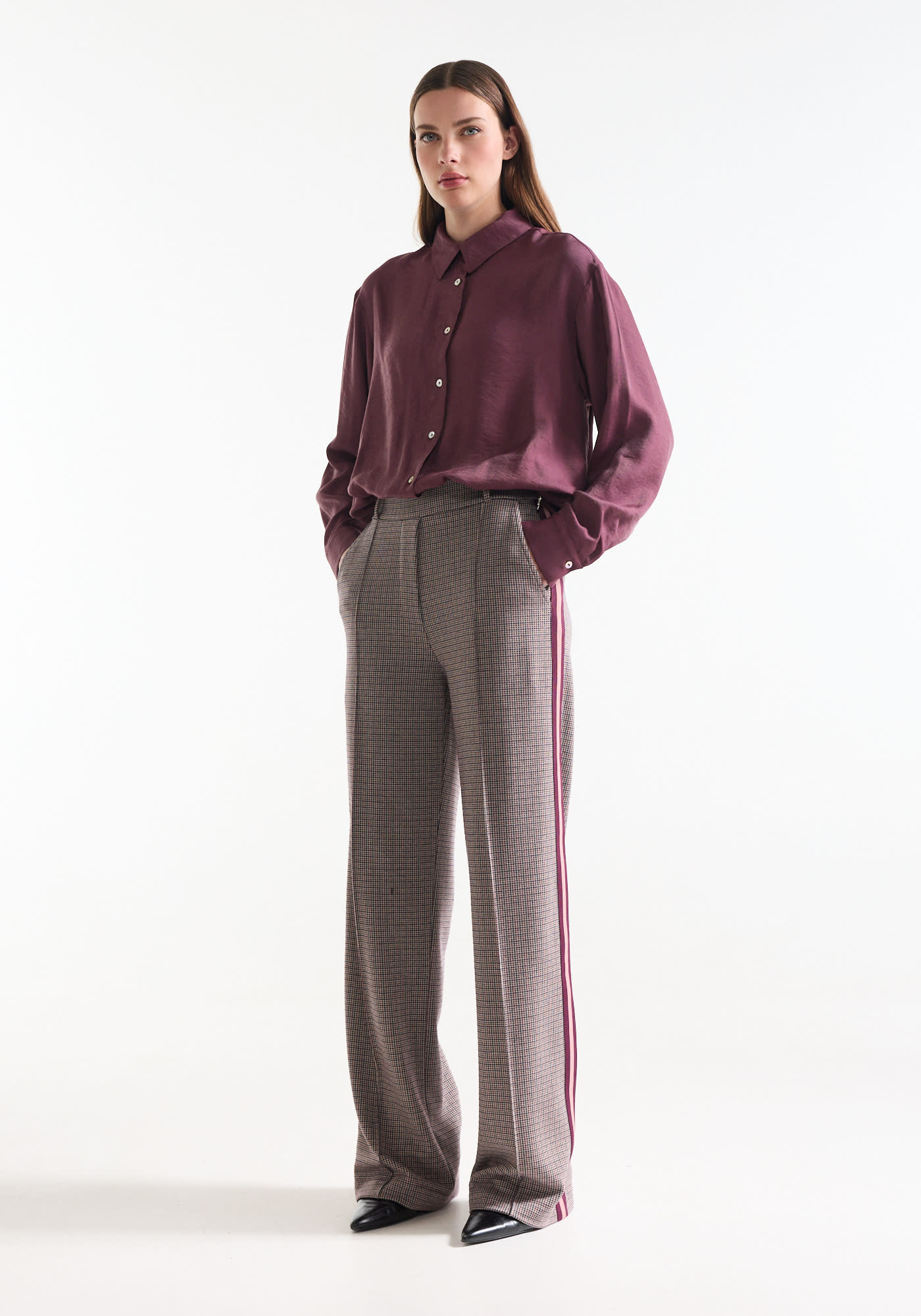 Jansen Amsterdam Aleidou wide leg broek pied-de-poule wijnrood