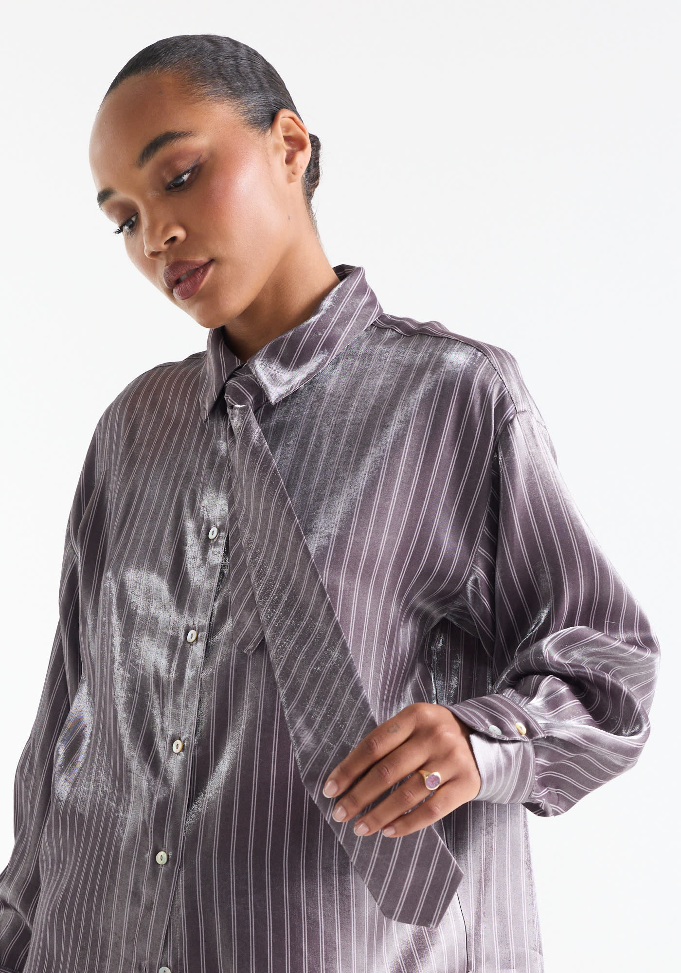 Jansen Amsterdam Inge gestreepte blouse met das paars
