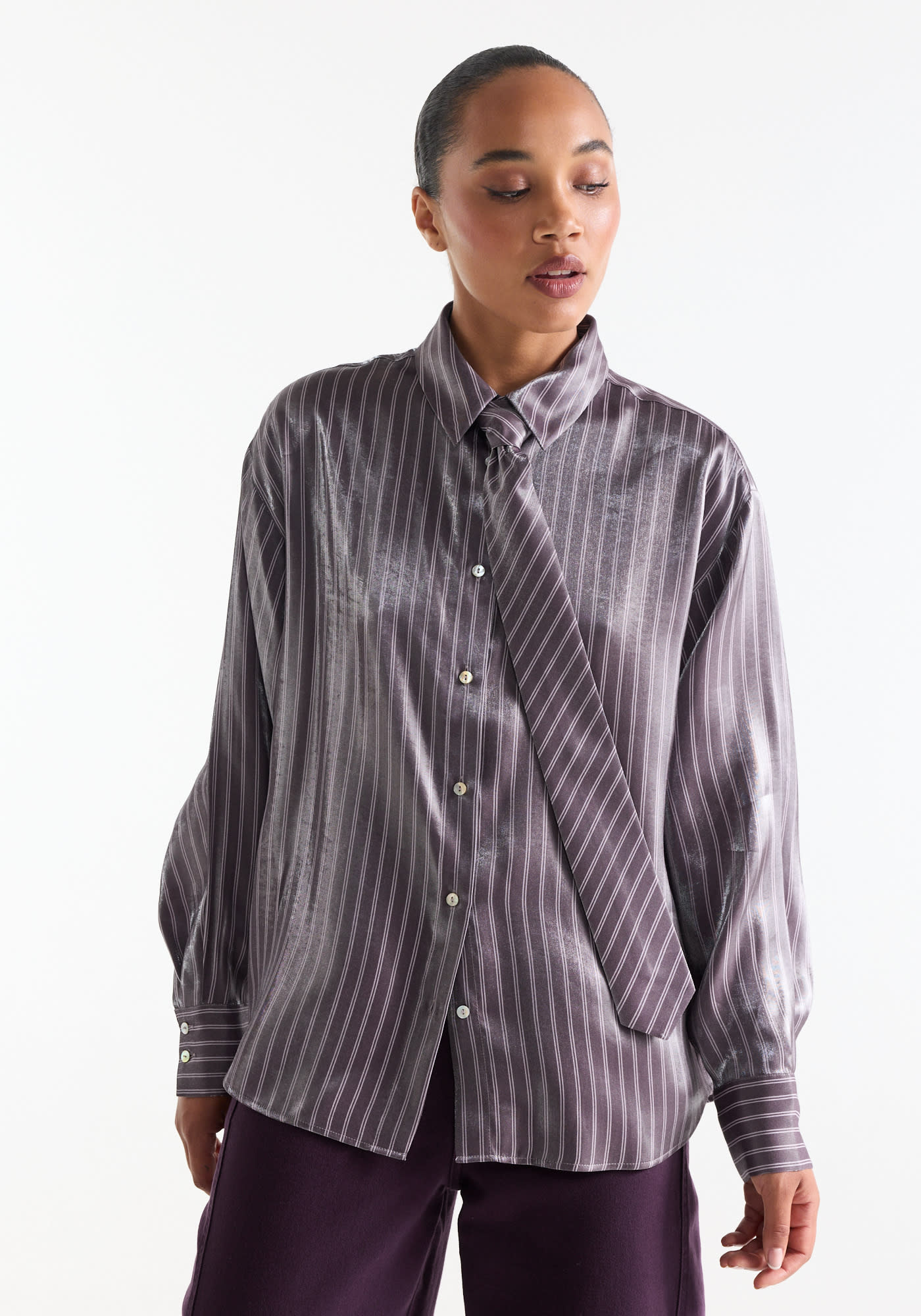 Jansen Amsterdam Inge gestreepte blouse met das paars